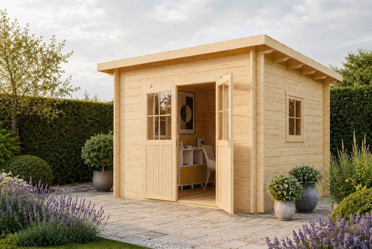 Abri de jardin bois brut HORIZON 3E - Toit plat - 7,31m² - Madriers 28 mm