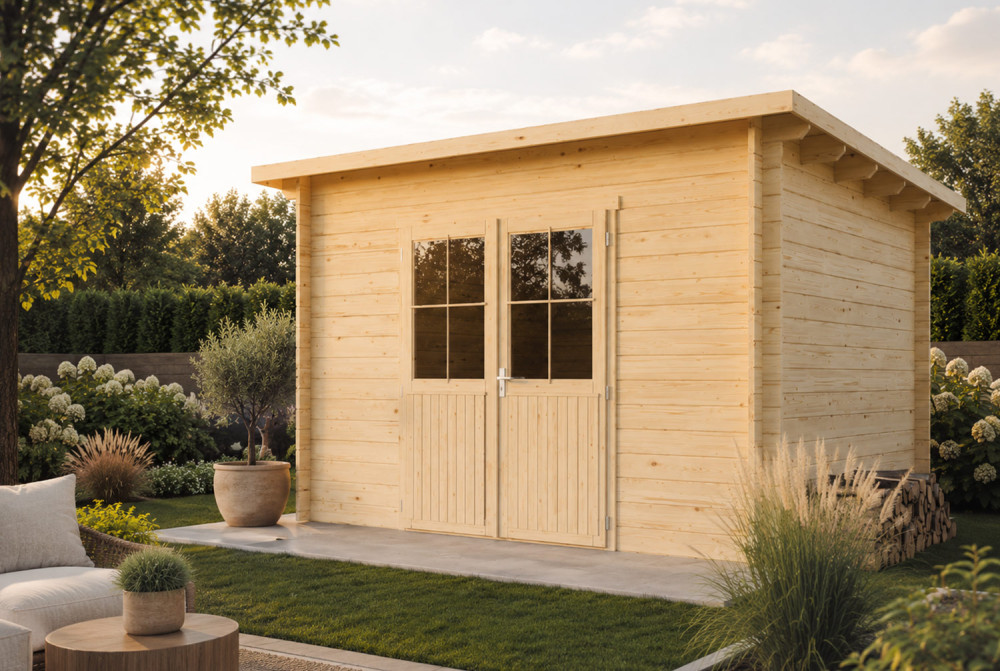 Abri de jardin bois brut HORIZON 4D - Toit plat - 8,93 m² - Madriers 28 mm
