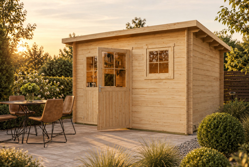 Abri de jardin bois brut HORIZON 4F - Toit plat - 8,93 m² - Madriers 28 mm