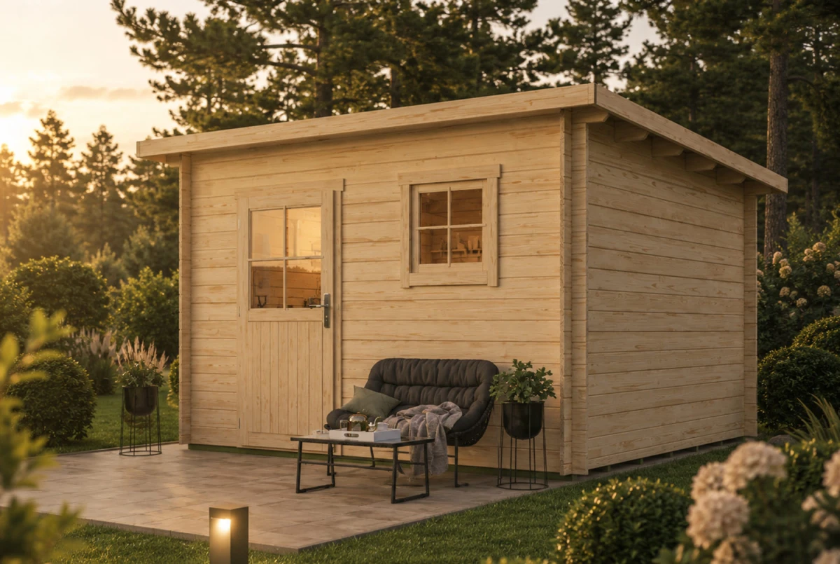 Abri de jardin bois brut HORIZON 5B - Toit plat - 10,92 m² - Madriers 28 mm