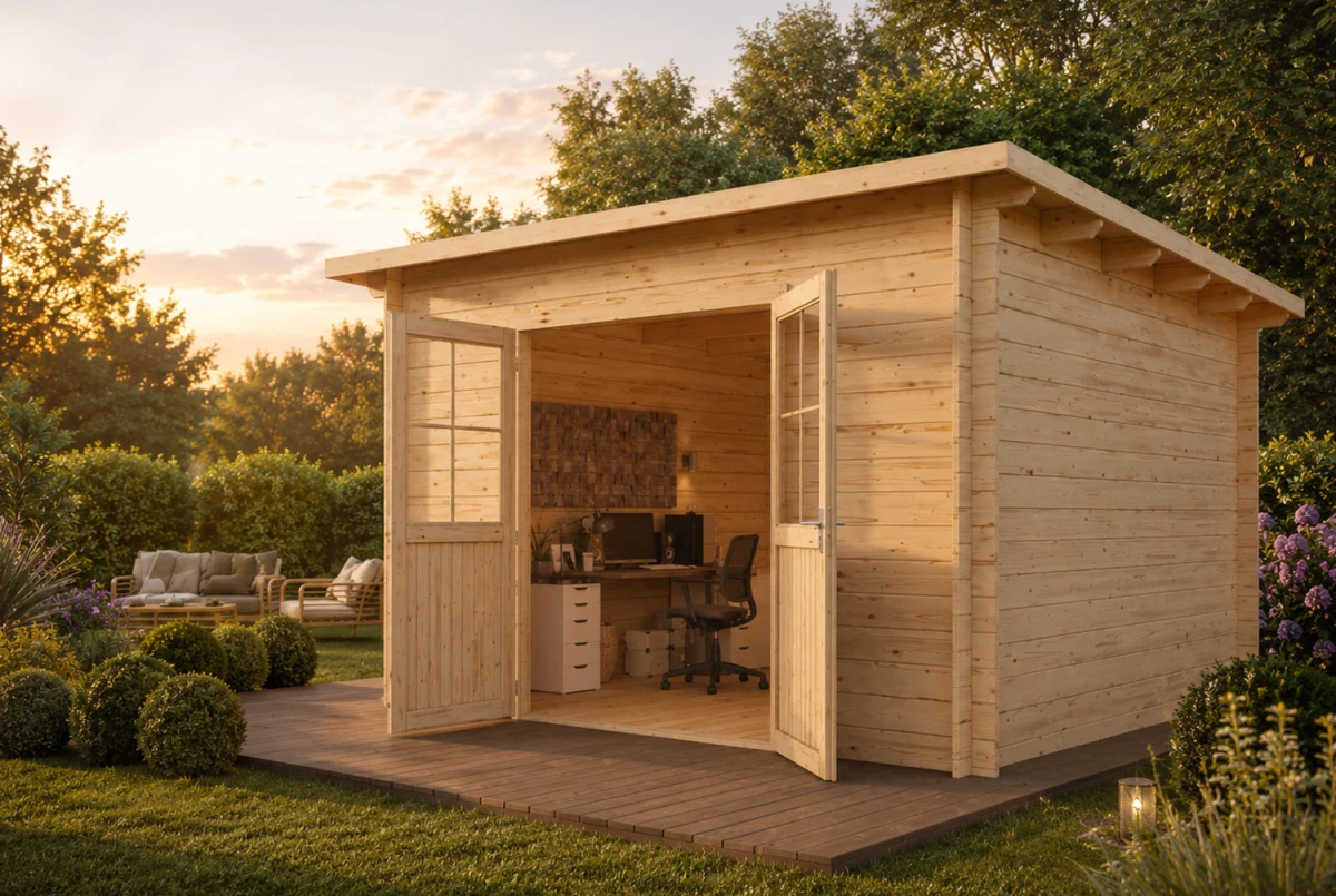 Abri de jardin bois brut HORIZON 5D - Toit plat - 10,92 m² - Madriers 28 mm