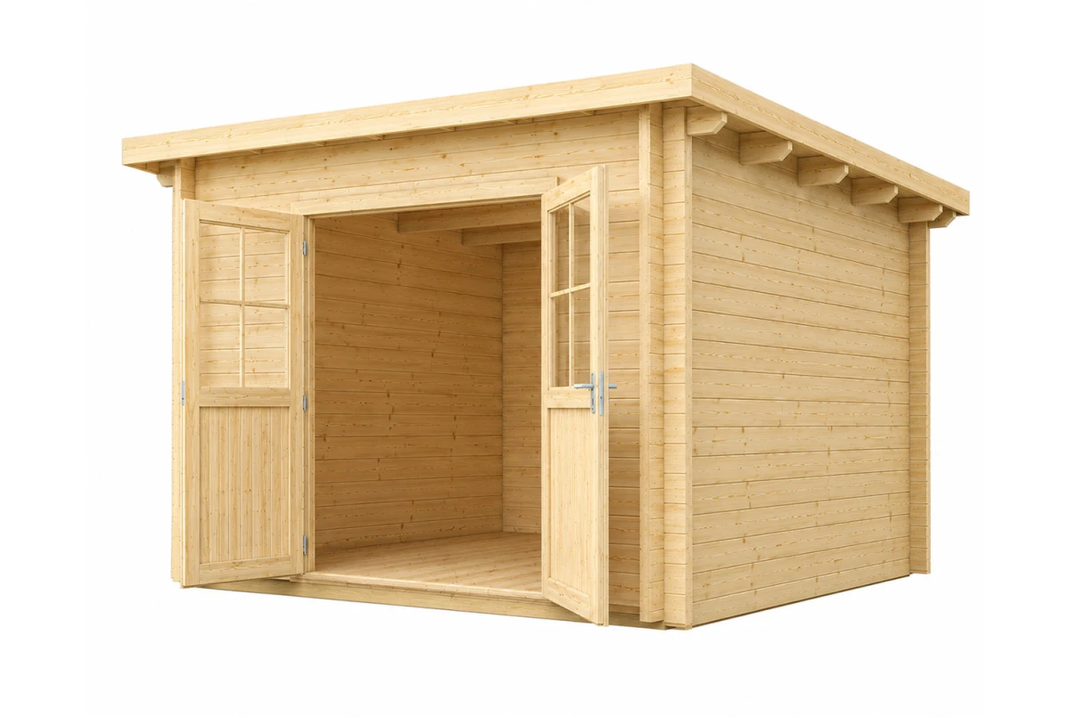 Abri de jardin bois brut HORIZON 5D - Toit plat - 10,92 m² - Madriers 28 mm