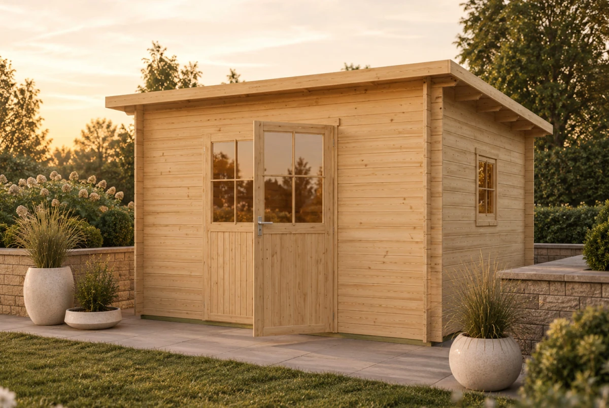 Abri de jardin bois brut HORIZON 5E - Toit plat - 10,92 m² - Madriers 28 mm