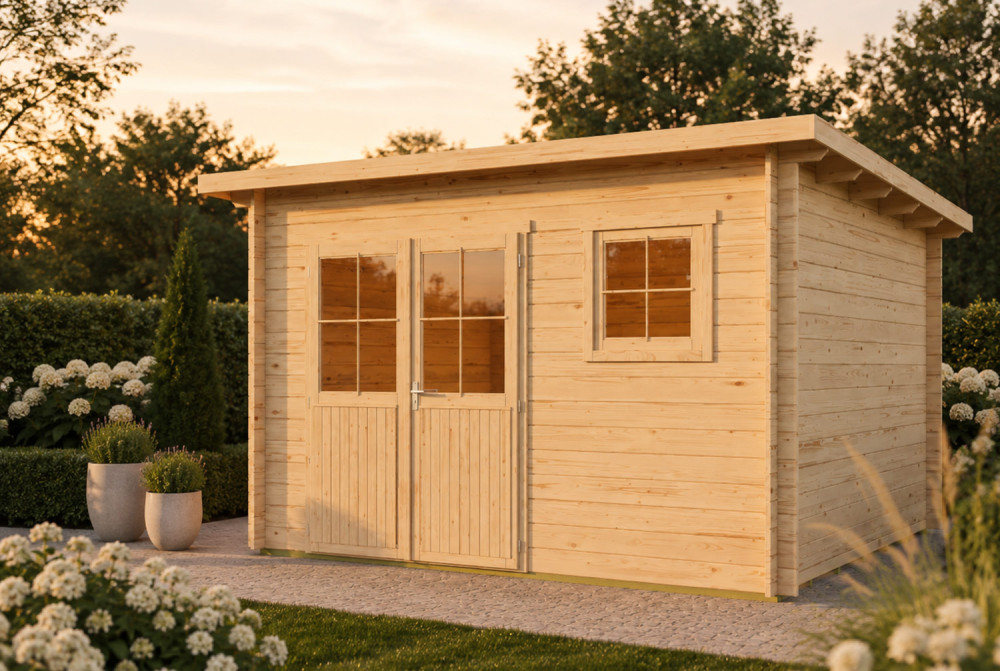 Abri de jardin bois brut HORIZON 5F - Toit plat - 10,92 m² - Madriers 28 mm