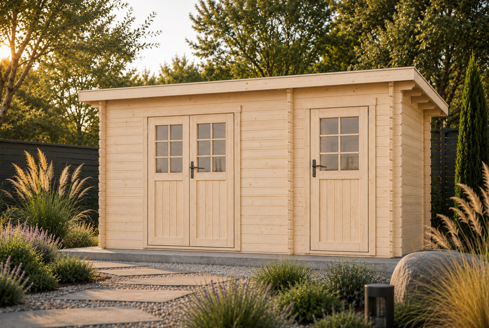 Abri de jardin bois brut HORIZON 4H - Toit plat - 2 pièces - 12,91 m² - Madriers 28 mm