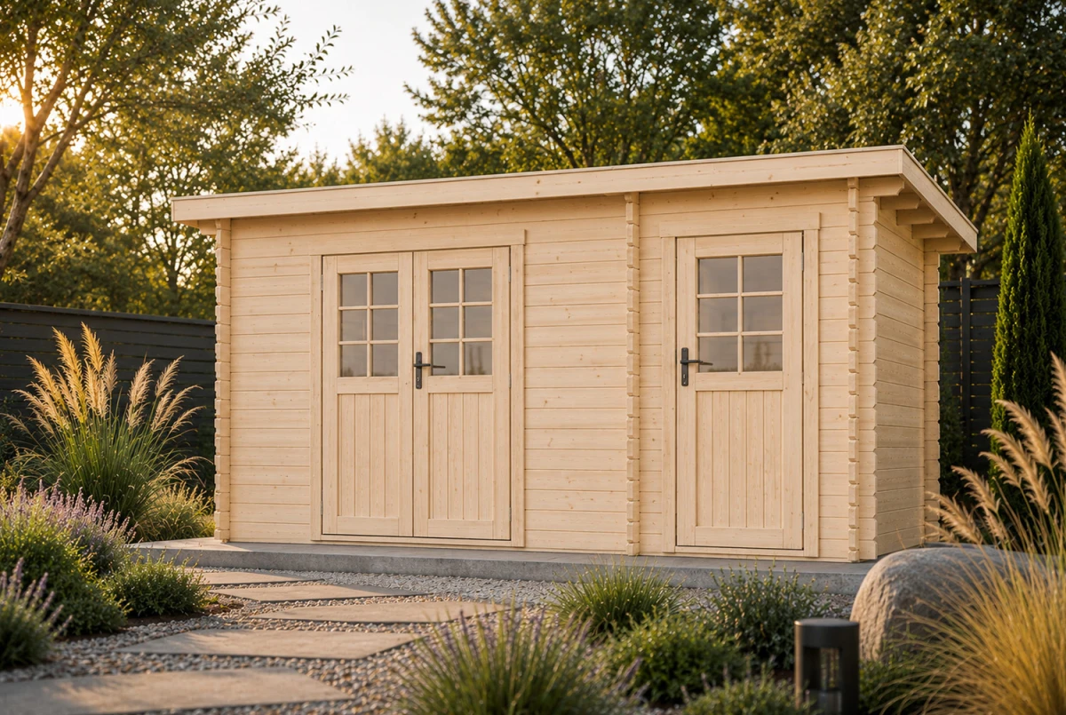 Abri de jardin bois brut HORIZON 4H - Toit plat - 2 pièces - 12,91 m² - Madriers 28 mm