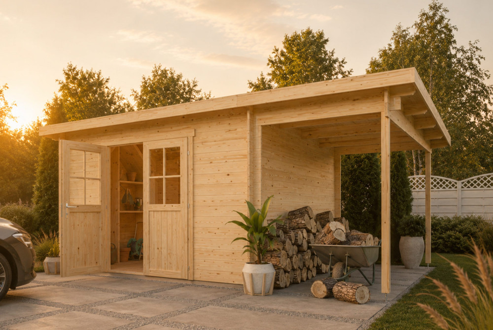 Abri de jardin bois brut HORIZON 5G - Toit plat avec appentis - 10,92 m² - Madriers 28 mm
