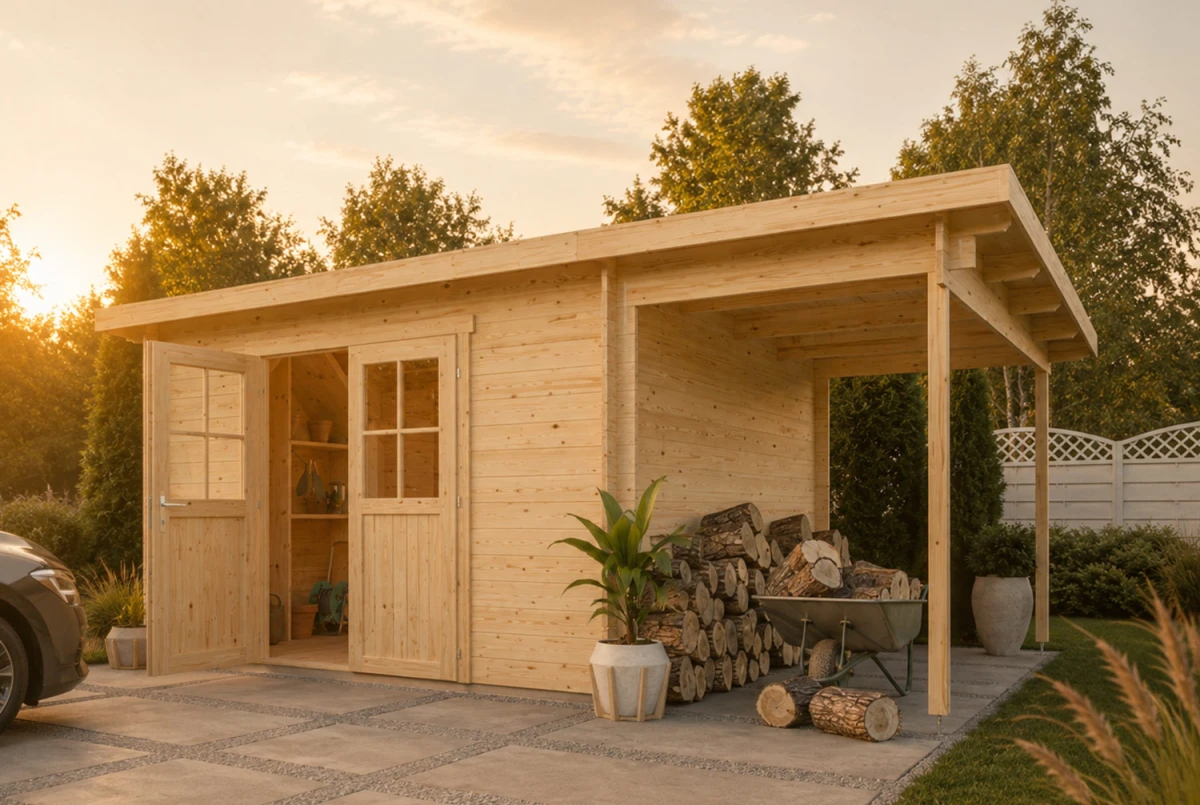 Abri de jardin bois brut HORIZON 5G - Toit plat avec appentis - 10,92 m² - Madriers 28 mm