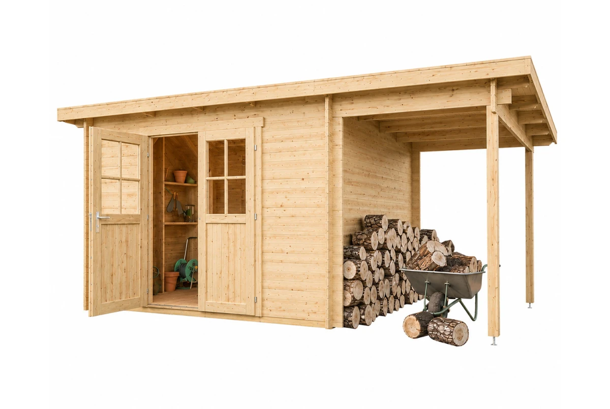 Abri de jardin bois brut HORIZON 5G - Toit plat avec appentis - 10,92 m² - Madriers 28 mm