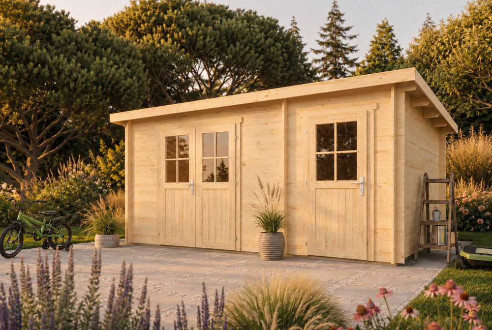 Abri de jardin bois brut HORIZON 5H - Toit plat - 2 pièces - 15,78 m² - Madriers 28 mm