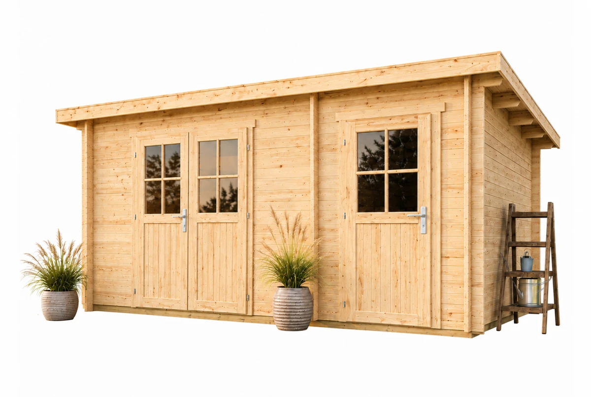 Abri de jardin bois brut HORIZON 5H - Toit plat - 2 pièces - 15,78 m² - Madriers 28 mm