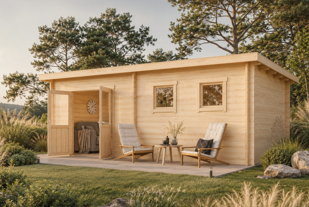 Abri de jardin bois brut HORIZON 6D - Toit plat - 17,49 m² - Madriers 28 mm