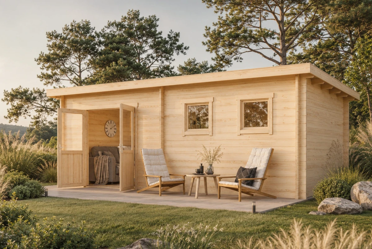Abri de jardin bois brut HORIZON 6D - Toit plat - 17,49 m² - Madriers 28 mm