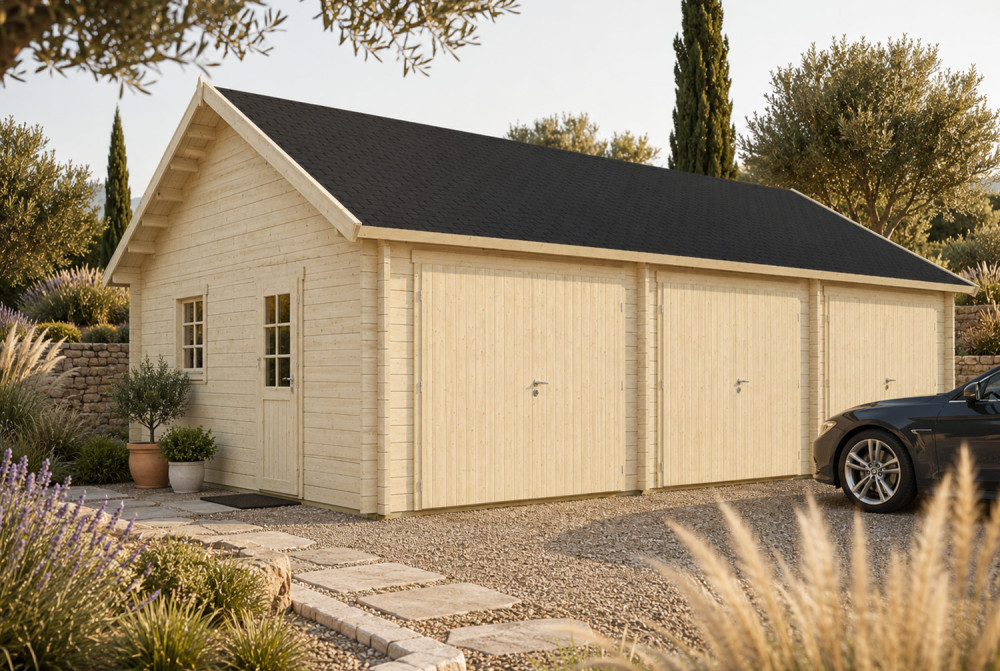 Garage bois brut AQUILON - Toit double pente - 3 voitures - 49,58 m² - Madriers 44 mm