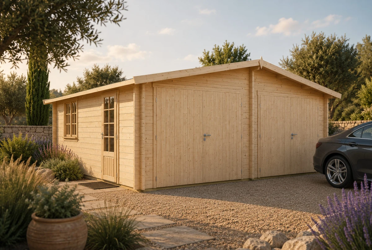 Garage bois brut ZÉPHYR - Toit double pente - 2 voitures - 32,39 m² - Madriers 44 mm