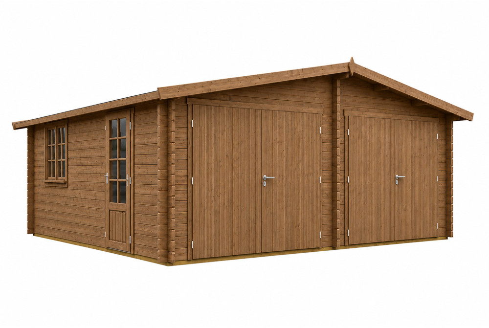 Garage bois traité autoclave ZÉPHYR - Toit double pente - 2 voitures - 32,39 m² - Madriers 44 mm