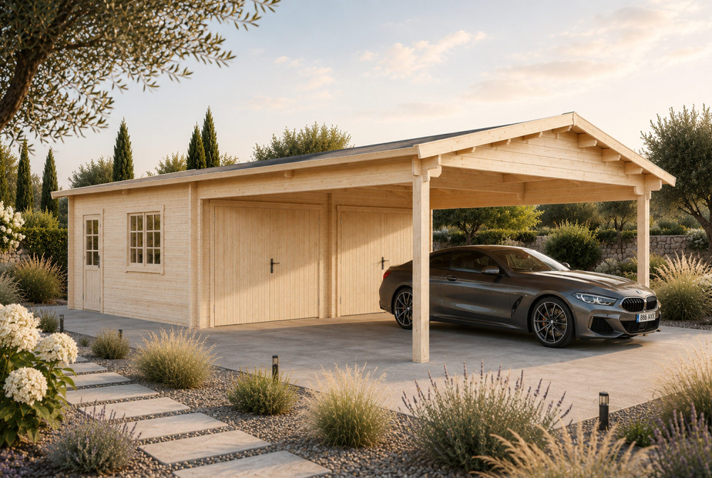 Garage bois brut ÉOLE - Toit double pente avec auvent - 2 voitures - 28,38 m² + 26,46 m² - Madriers 44 mm