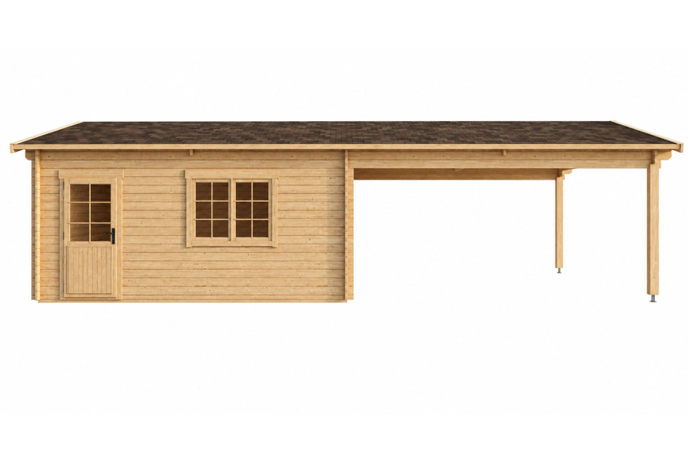 Garage bois brut ÉOLE - Toit double pente avec auvent - 2 voitures - 28,38 m² + 26,46 m² - Madriers 44 mm