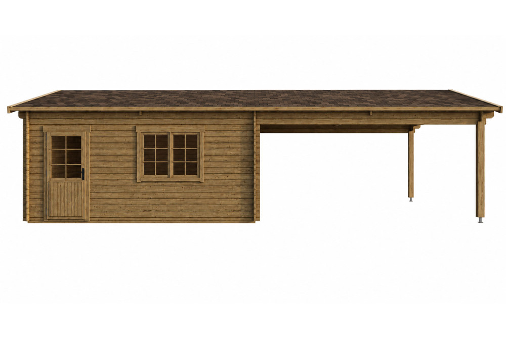 Garage bois traité autoclave ÉOLE - Toit double pente avec auvent - 2 voitures - 28,38 m² + 26,46 m² - Madriers 44 mm