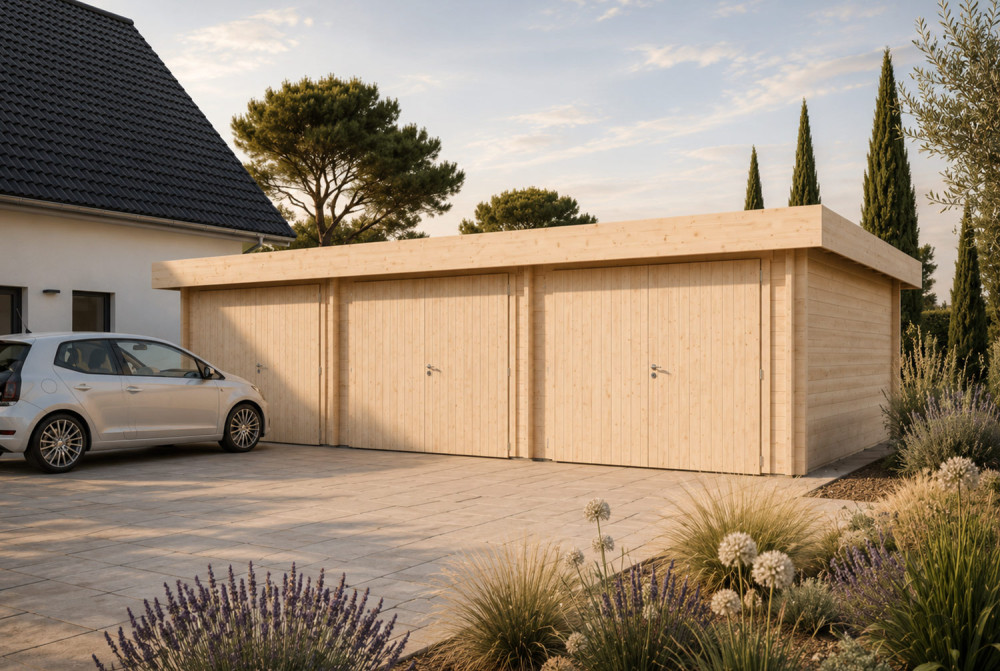 Garage bois brut TRAMONTANE - Toit monopente - 3 voitures - 43,32 m² - Madriers 44 mm