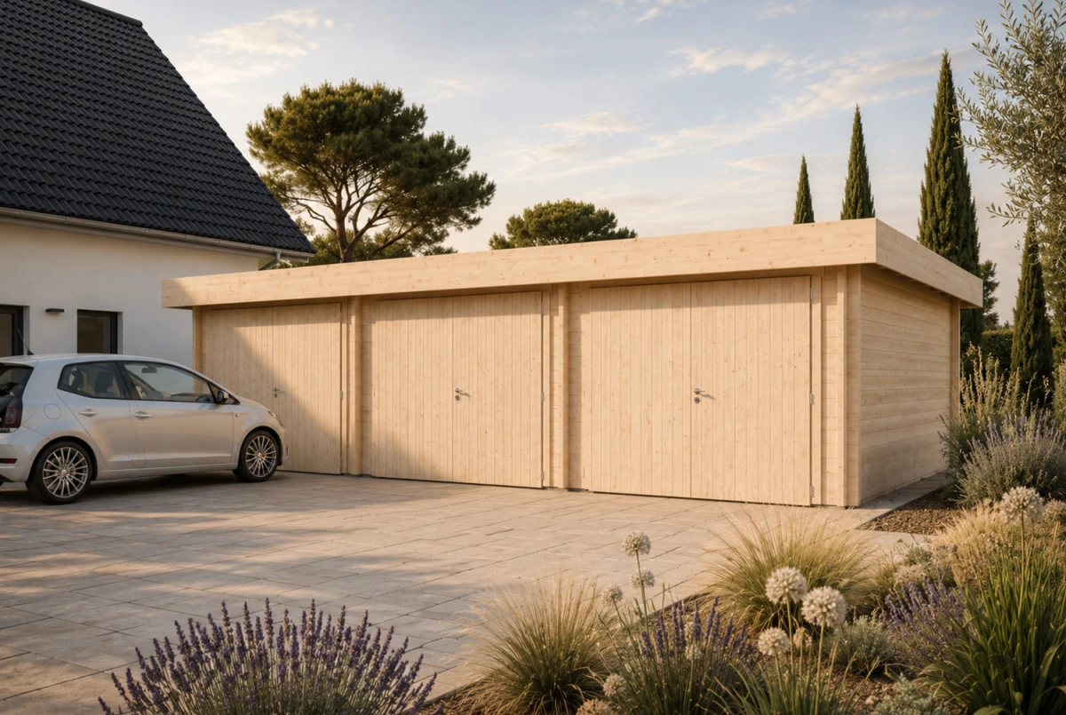 Garage bois brut TRAMONTANE - Toit monopente - 3 voitures - 43,32 m² - Madriers 44 mm