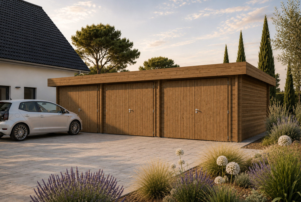 Garage bois traité autoclave TRAMONTANE - Toit monopente - 3 voitures - 43,32 m² - Madriers 44 mm