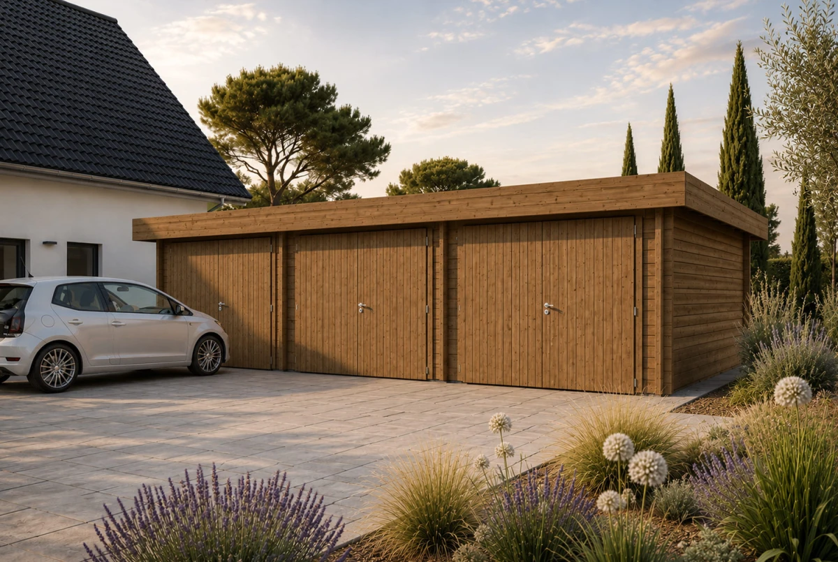 Garage bois traité autoclave TRAMONTANE - Toit monopente - 3 voitures - 43,32 m² - Madriers 44 mm