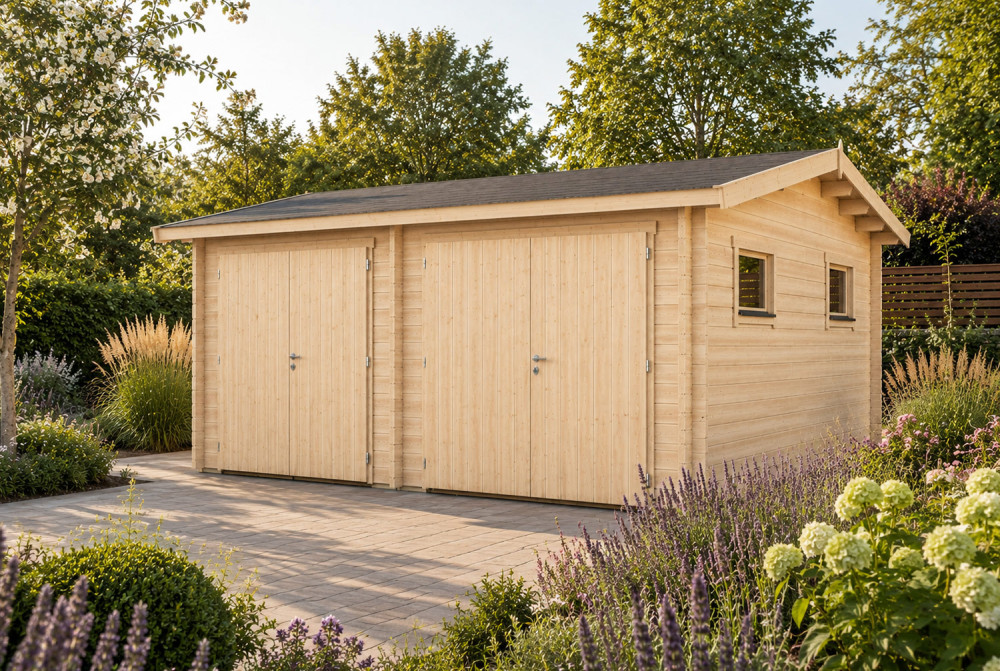 Garage bois brut SIROCCO - Toit double pente - 2 voitures - 28,38 m² - Madriers 44 mm