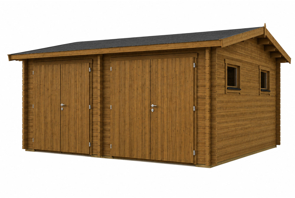 Garage bois traité autoclave SIROCCO - Toit double pente - 2 voitures - 28,38 m² - Madriers 44 mm