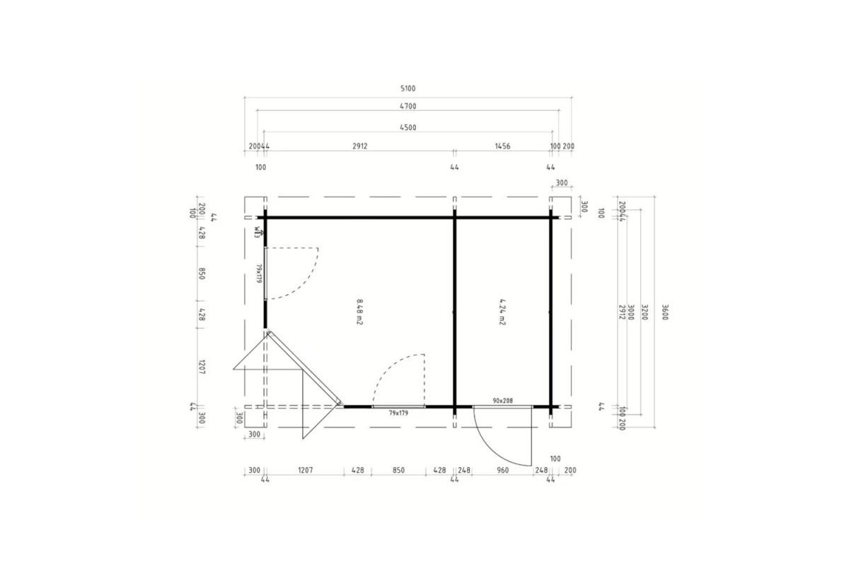 Abri de jardin bois brut NOVA C - Toit plat - 2 pièces - 12,22 m² - Madriers 44 mm