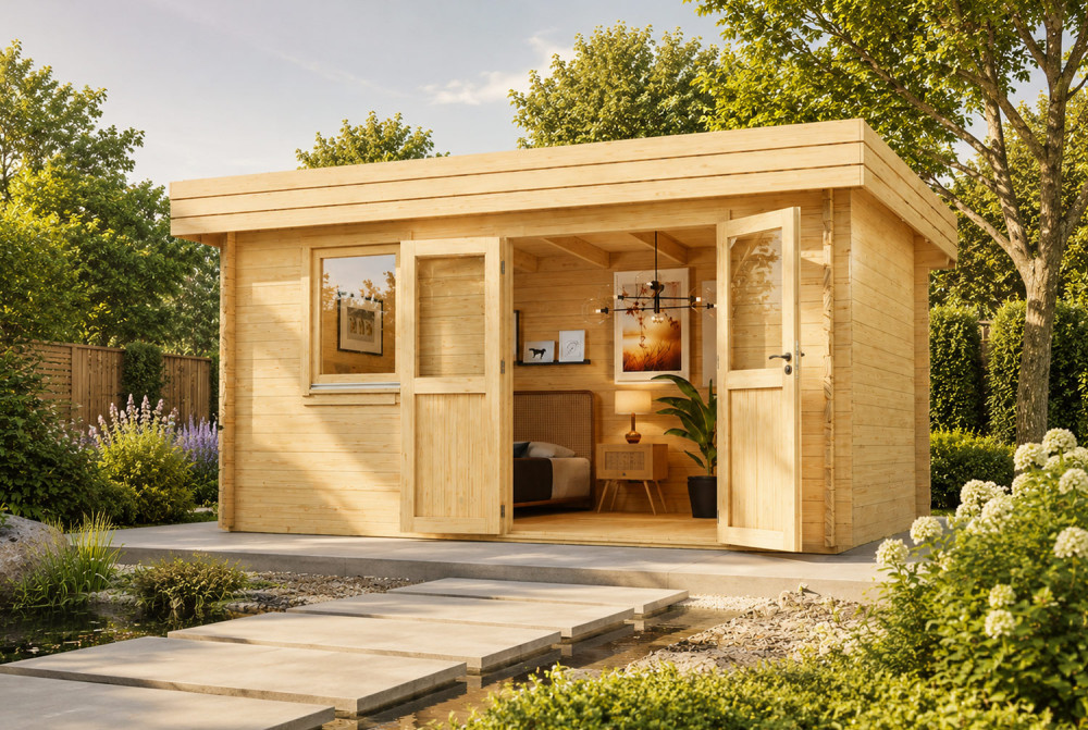 Chalet de jardin bois brut NATURA A Classique - Toit plat - 12,85 m² - Madriers 44 mm