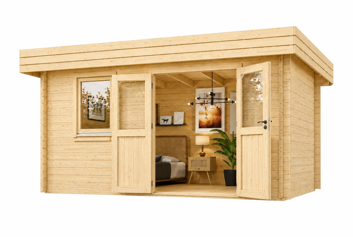Chalet de jardin bois brut NATURA A Classique - Toit plat - 12,85 m² - Madriers 44 mm