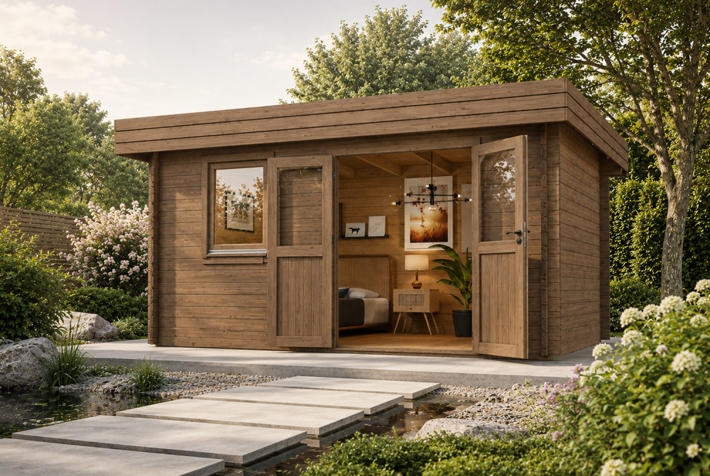 Chalet de jardin bois traité autoclave NATURA A Classique - Toit plat - 12,85 m² - Madriers 44 mm
