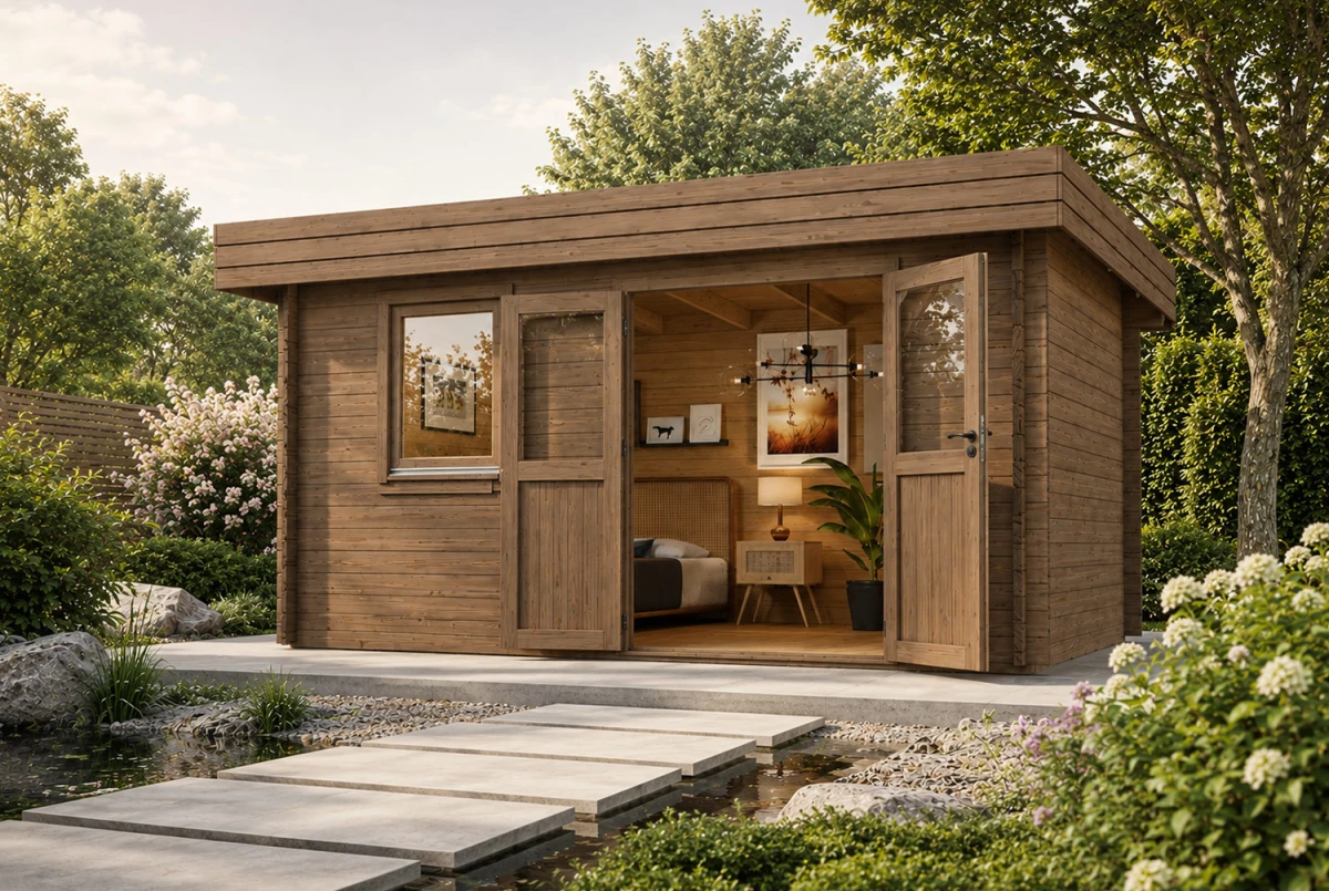 Chalet de jardin bois traité autoclave NATURA A Classique - Toit plat - 12,85 m² - Madriers 44 mm