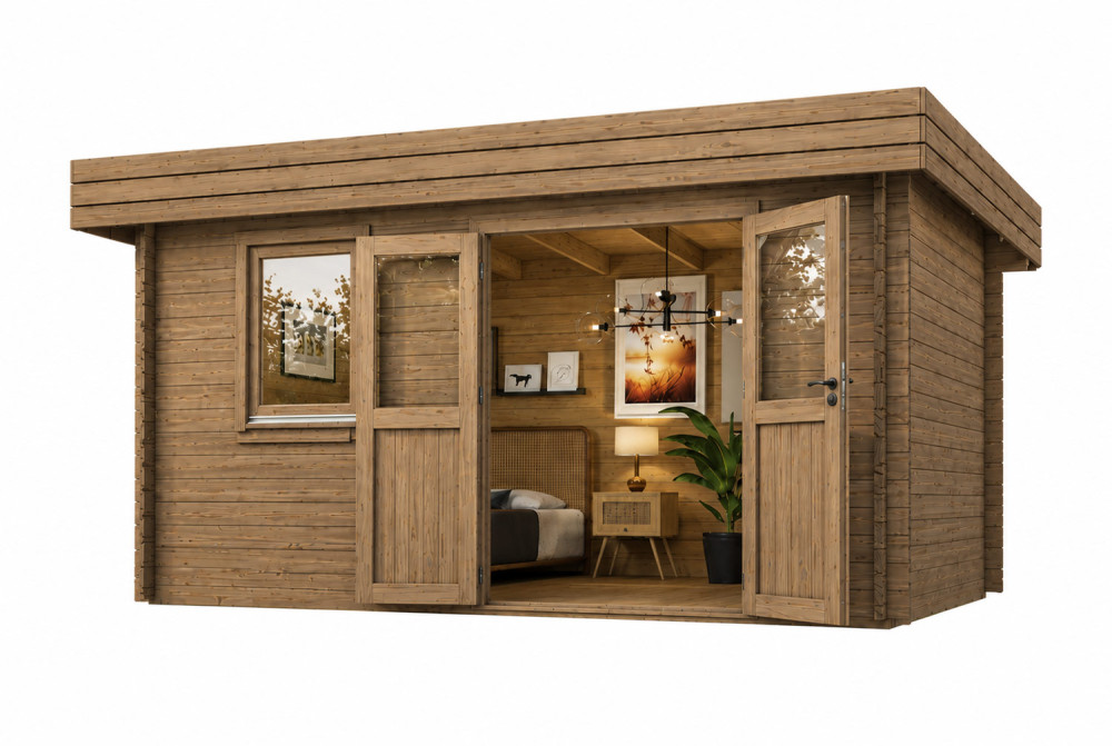 Chalet de jardin bois traité autoclave NATURA A Classique - Toit plat - 12,85 m² - Madriers 44 mm