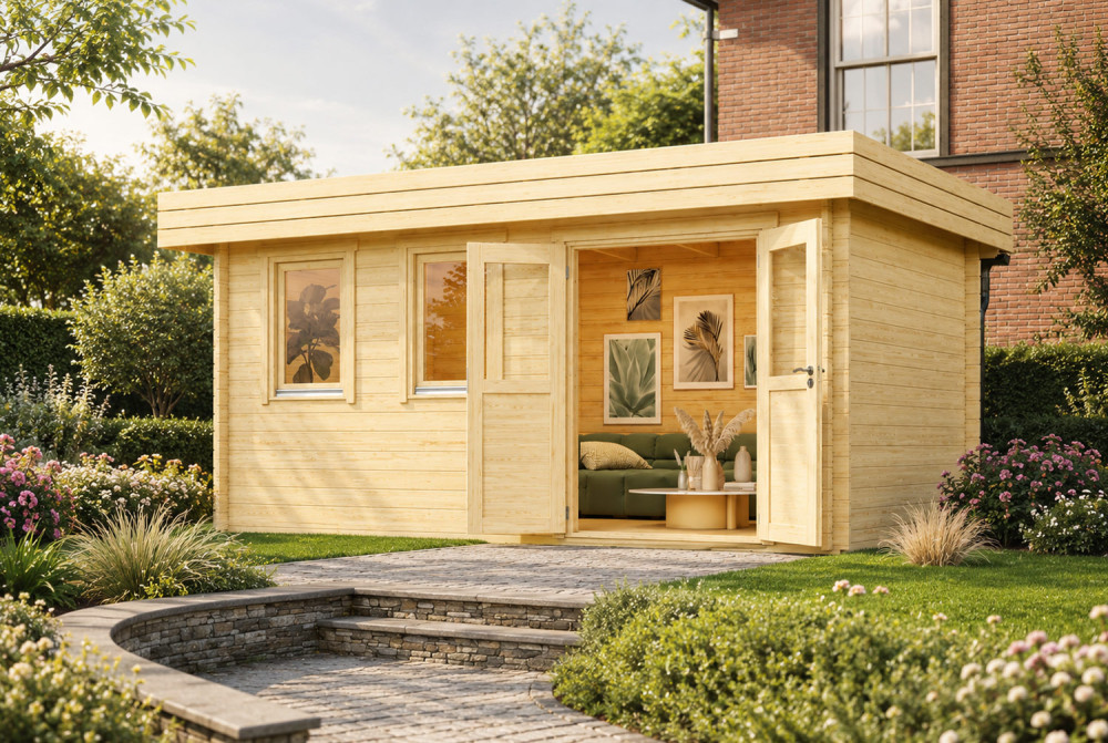 Chalet de jardin bois brut NATURA B Classique - Toit plat - 14,30 m² - Madriers 44 mm