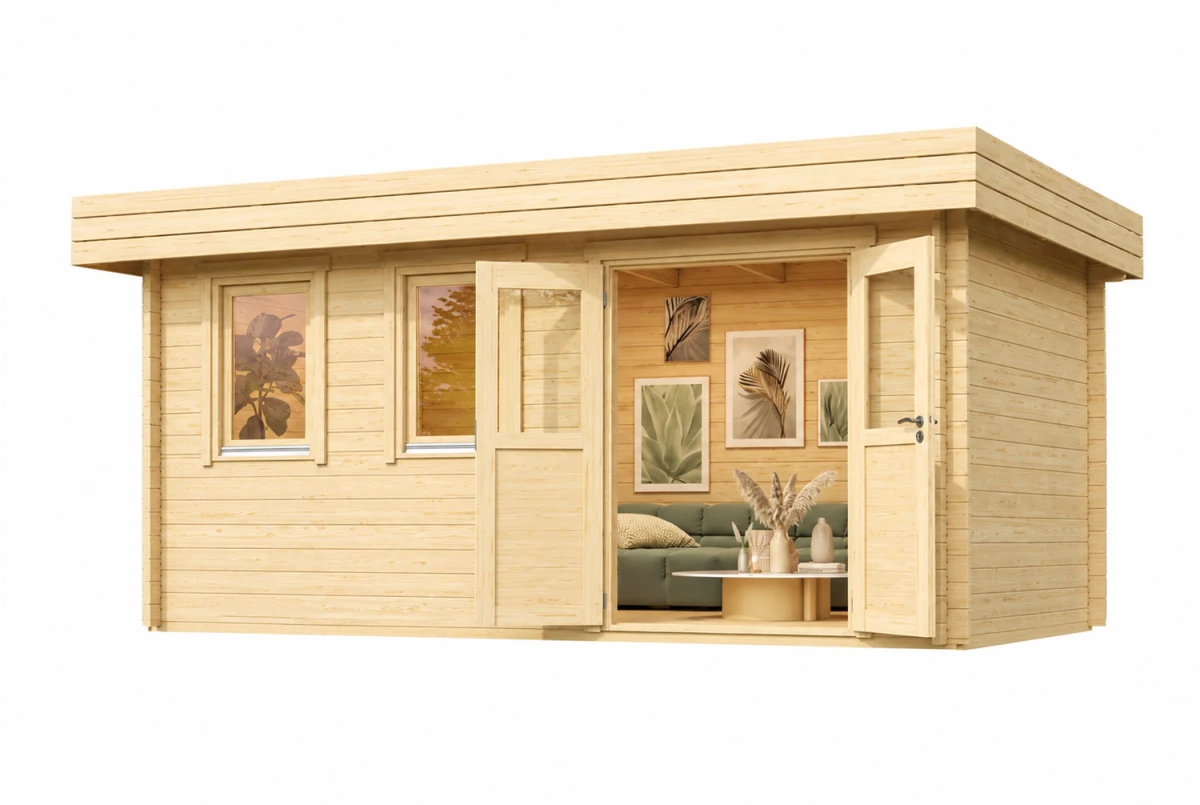 Chalet de jardin bois brut NATURA B Classique - Toit plat - 14,30 m² - Madriers 44 mm