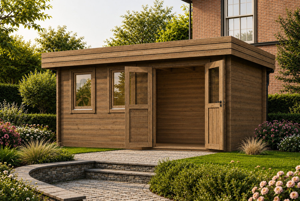 Chalet de jardin bois traité autoclave NATURA B Classique - Toit plat - 14,30 m² - Madriers 44 mm