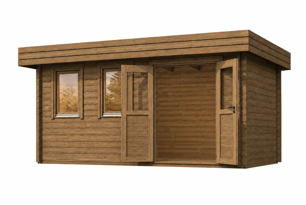 Chalet de jardin bois traité autoclave NATURA B Classique - Toit plat - 14,30 m² - Madriers 44 mm