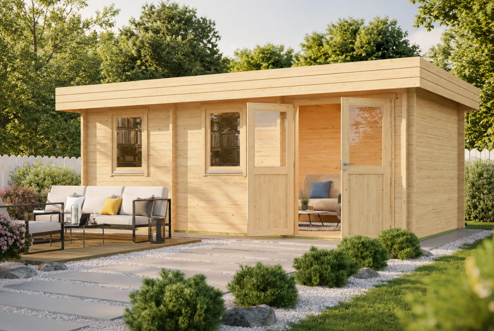 Chalet de jardin bois brut NATURA C Classique - Toit plat - 17,21 m² - Madriers 44 mm