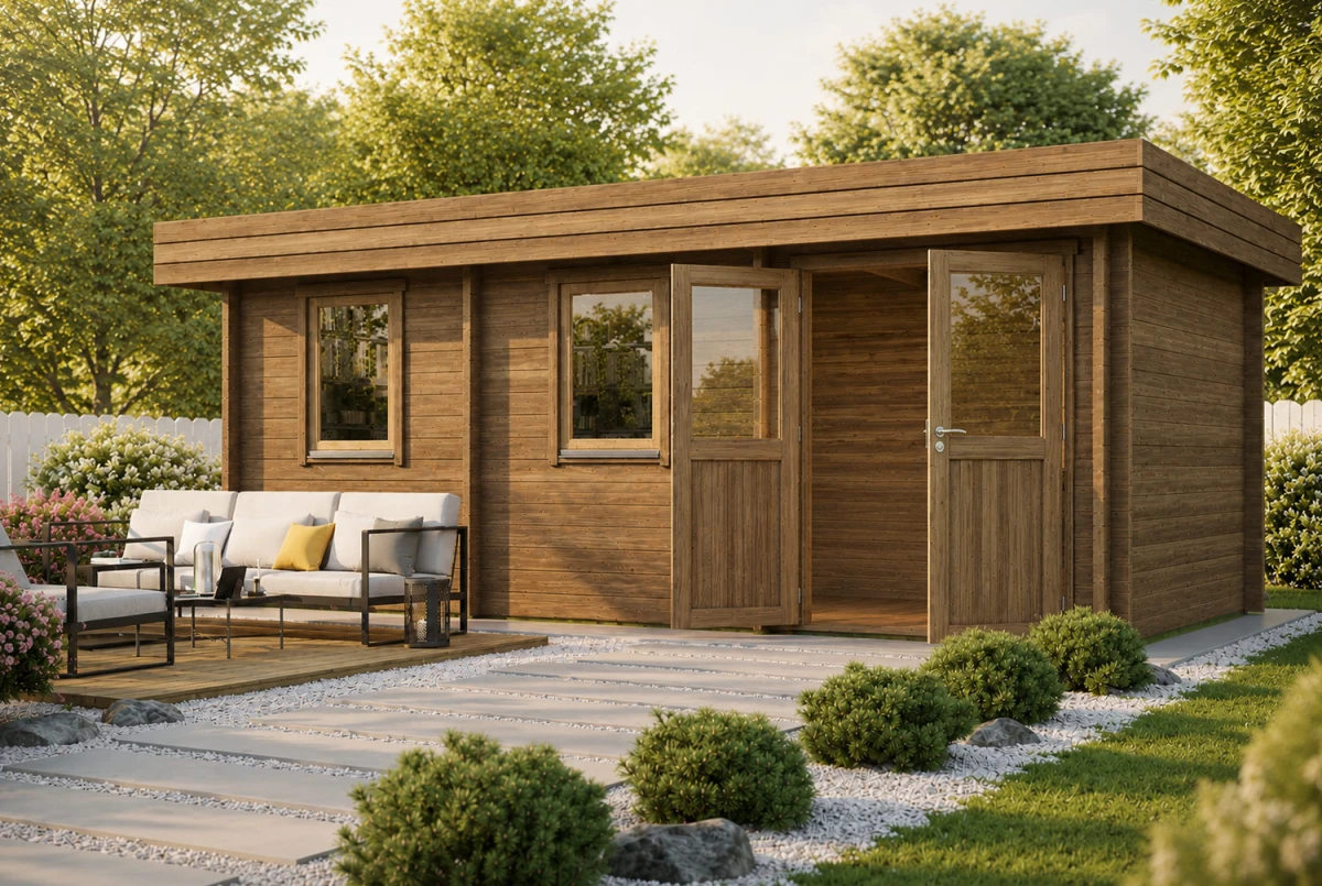 Chalet de jardin bois traité autoclave NATURA C Classique - Toit plat - 17,21 m² - Madriers 44 mm
