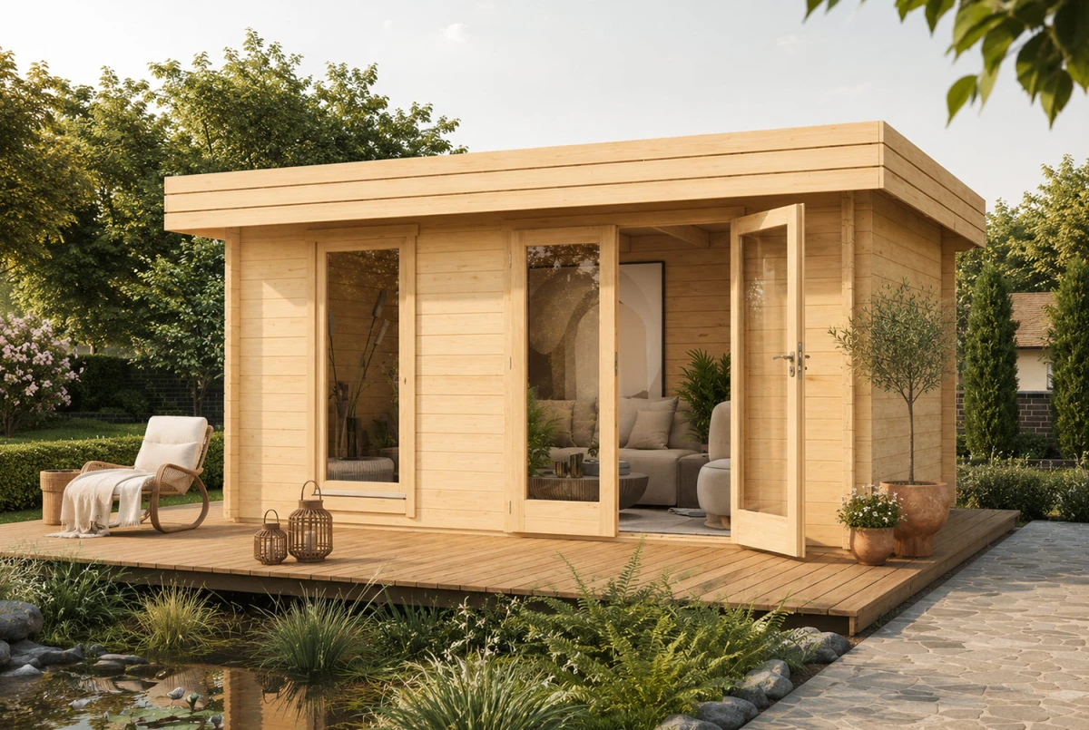 Chalet de jardin bois brut NATURA A Moderne - Toit plat - 12,85 m² - Madriers 44 mm