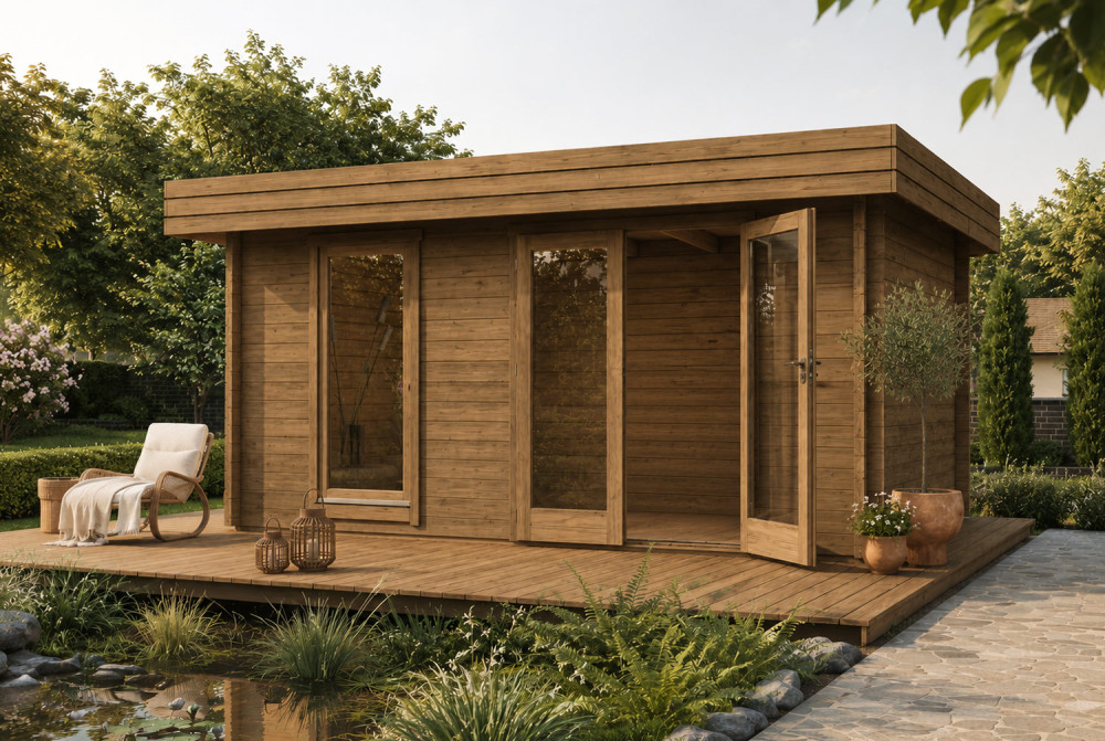 Chalet de jardin bois traité autoclave NATURA A Moderne - Toit plat - 12,85 m² - Madriers 44 mm
