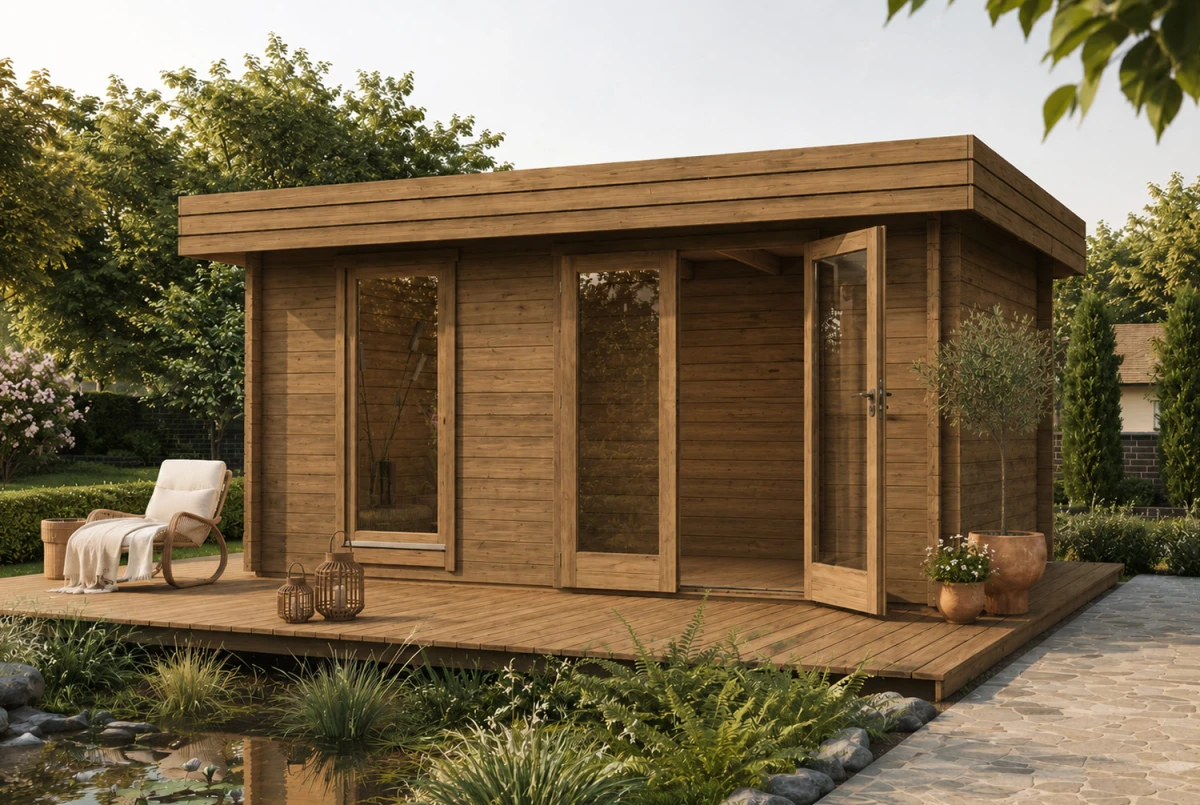 Chalet de jardin bois traité autoclave NATURA A Moderne - Toit plat - 12,85 m² - Madriers 44 mm