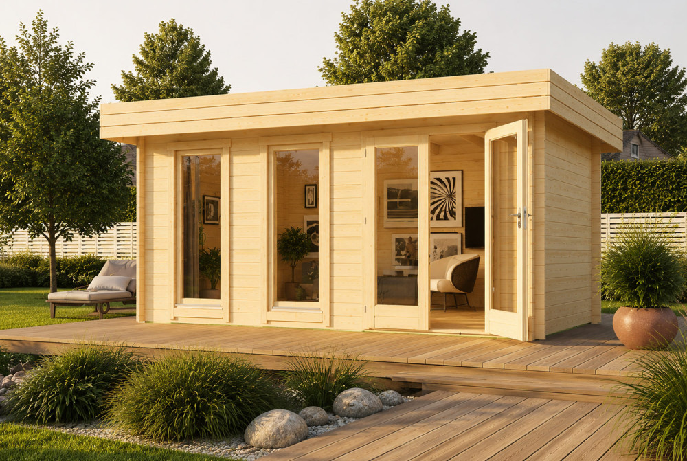 Chalet de jardin bois brut NATURA B Moderne - Toit plat - 14,30 m² - Madriers 44 mm