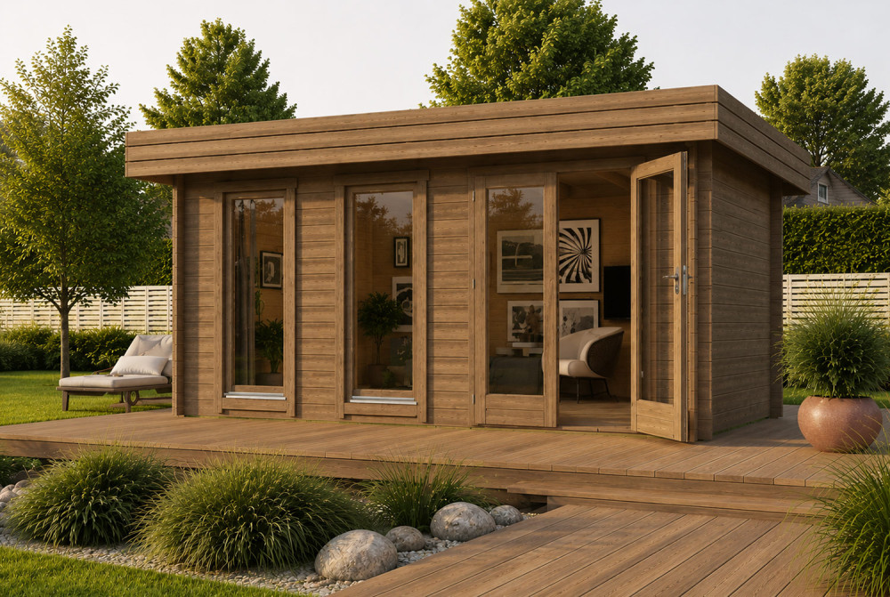 Chalet de jardin bois traité autoclave NATURA B Moderne - Toit plat - 14,30 m² - Madriers 44 mm