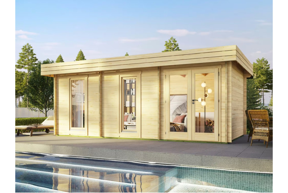 Chalet de jardin bois brut NATURA C Moderne - Toit plat - 17,21 m² - Madriers 44 mm