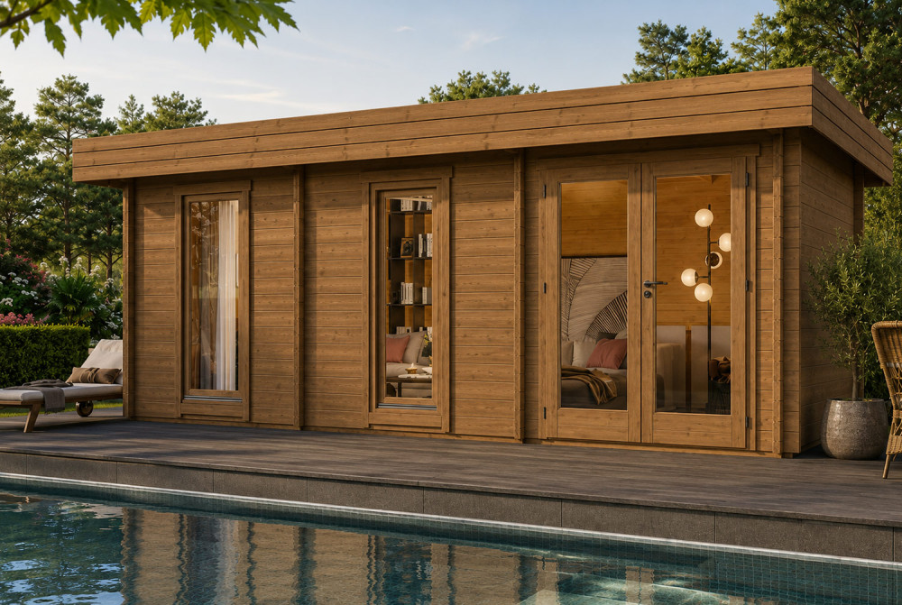 Chalet de jardin bois traité autoclave NATURA C Moderne - Toit plat - 17,21 m² - Madriers 44 mm