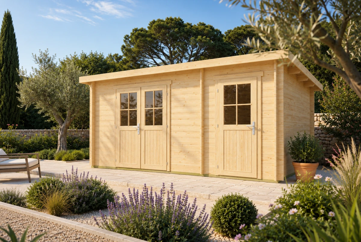 Abri de jardin bois brut HORIZON 5H - Toit plat - 2 pièces - 15,47 m² - Madriers 44 mm