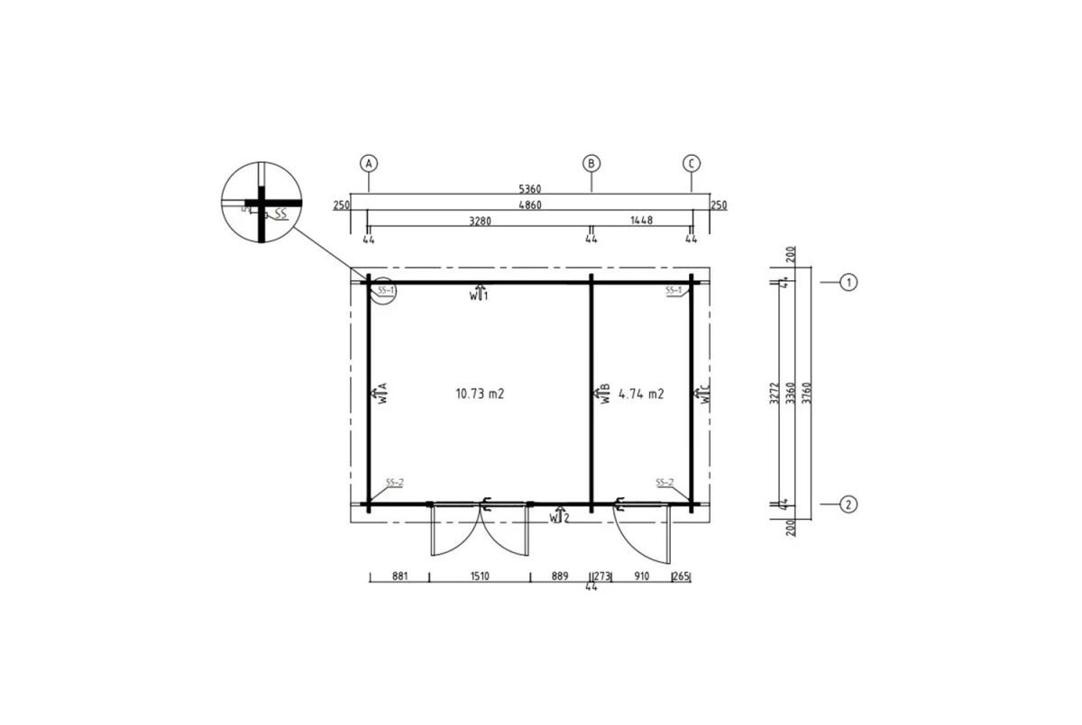 Abri de jardin bois brut HORIZON 5H - Toit plat - 2 pièces - 15,47 m² - Madriers 44 mm